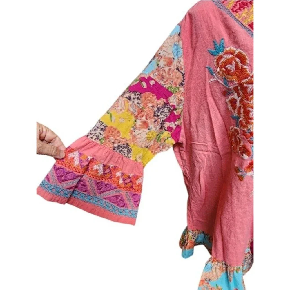 Calessa Embroidered Boho Colorful Top Size 2X Cotton Flowy